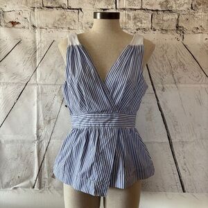 Banana Republic Blue and White Striped V-Neck Top